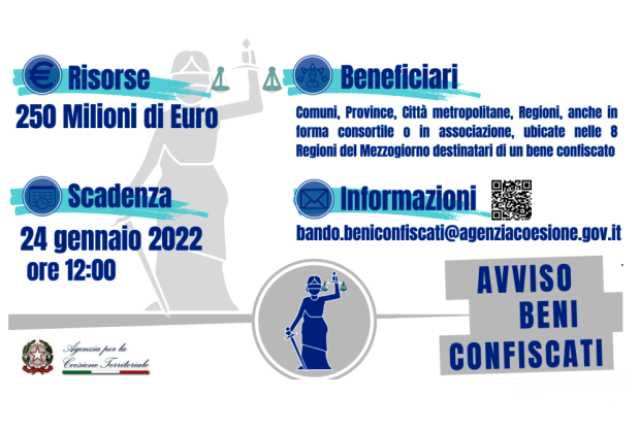 AGENZIA COESIONE TERRITORIALE. 50 milioni per la valorizzazione dei beni confiscati alle mafie: online l’Avviso per la presentazione di proposte progettuali nelle Regioni del Mezzogiorno